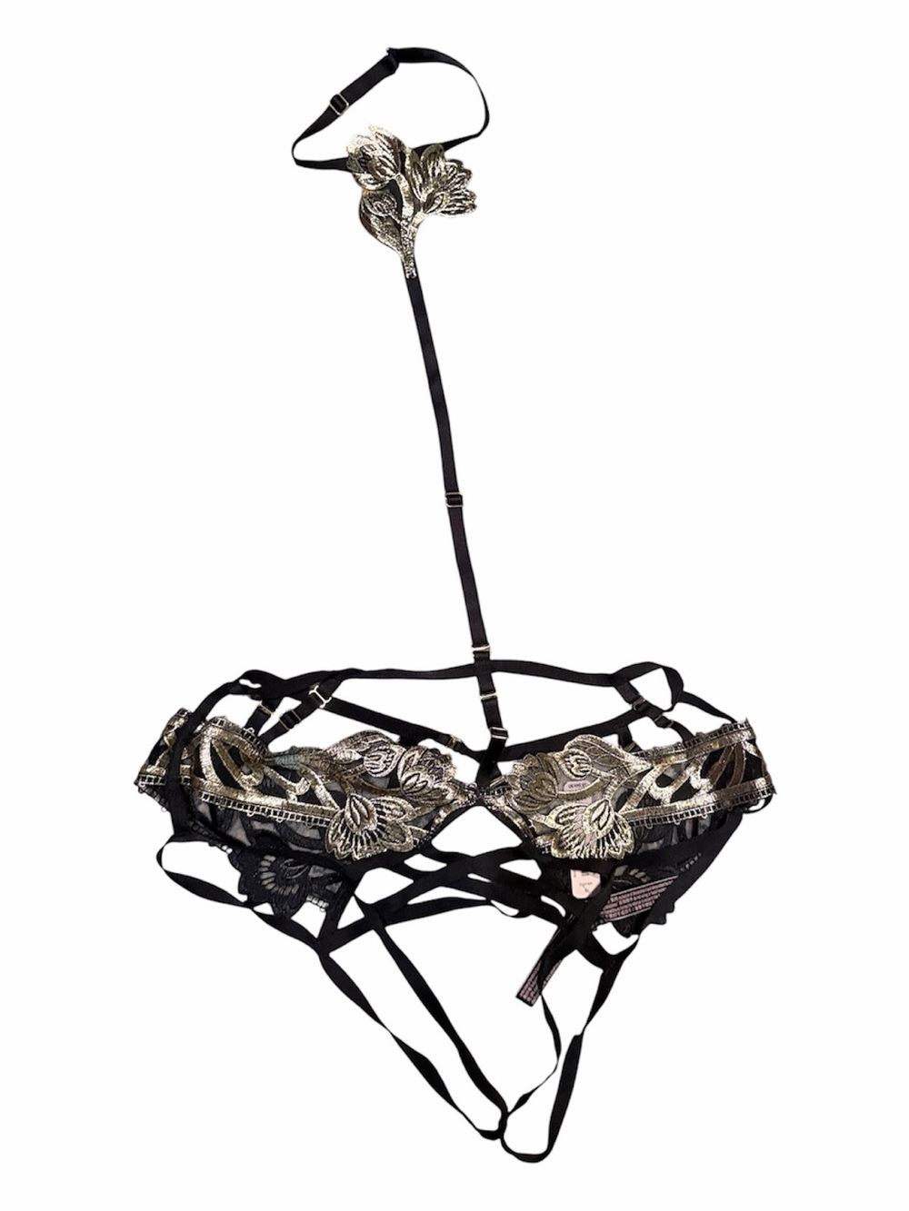 NWT Victoria’s Secret Black Gold Embroidered Strappy Teddy Bodysuit Choker